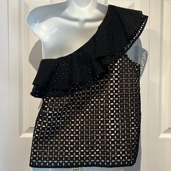 J.Crew‎ Black/Nude Eyelet Ruffle One Shoulder Top Size 6 - Picture 8 of 13